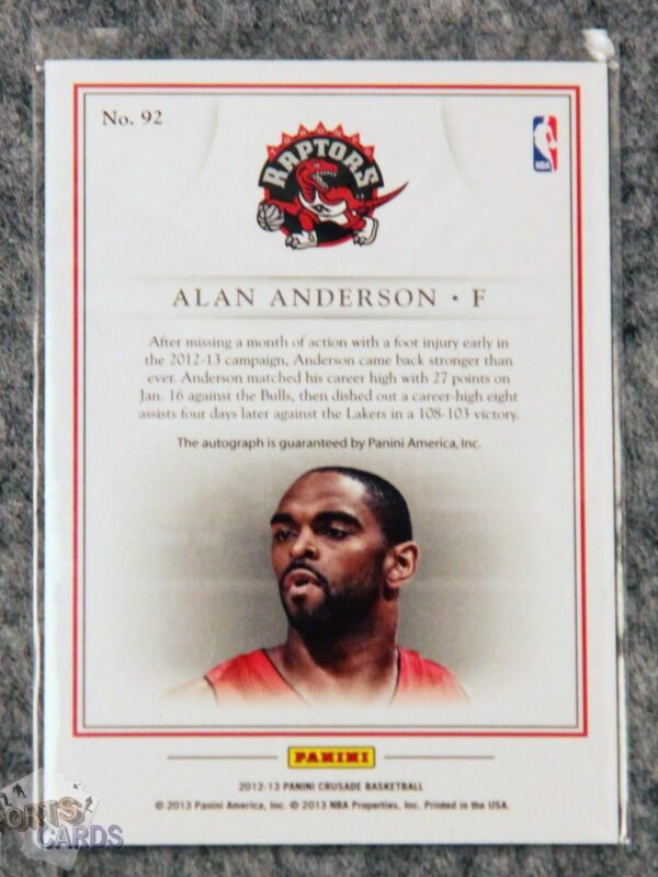 2012-13 Alan Anderson #92 Panini Crusade Quest Autographs-back