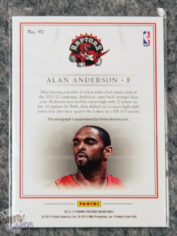 2012-13 Alan Anderson #92 Panini Crusade Quest Autographs-back