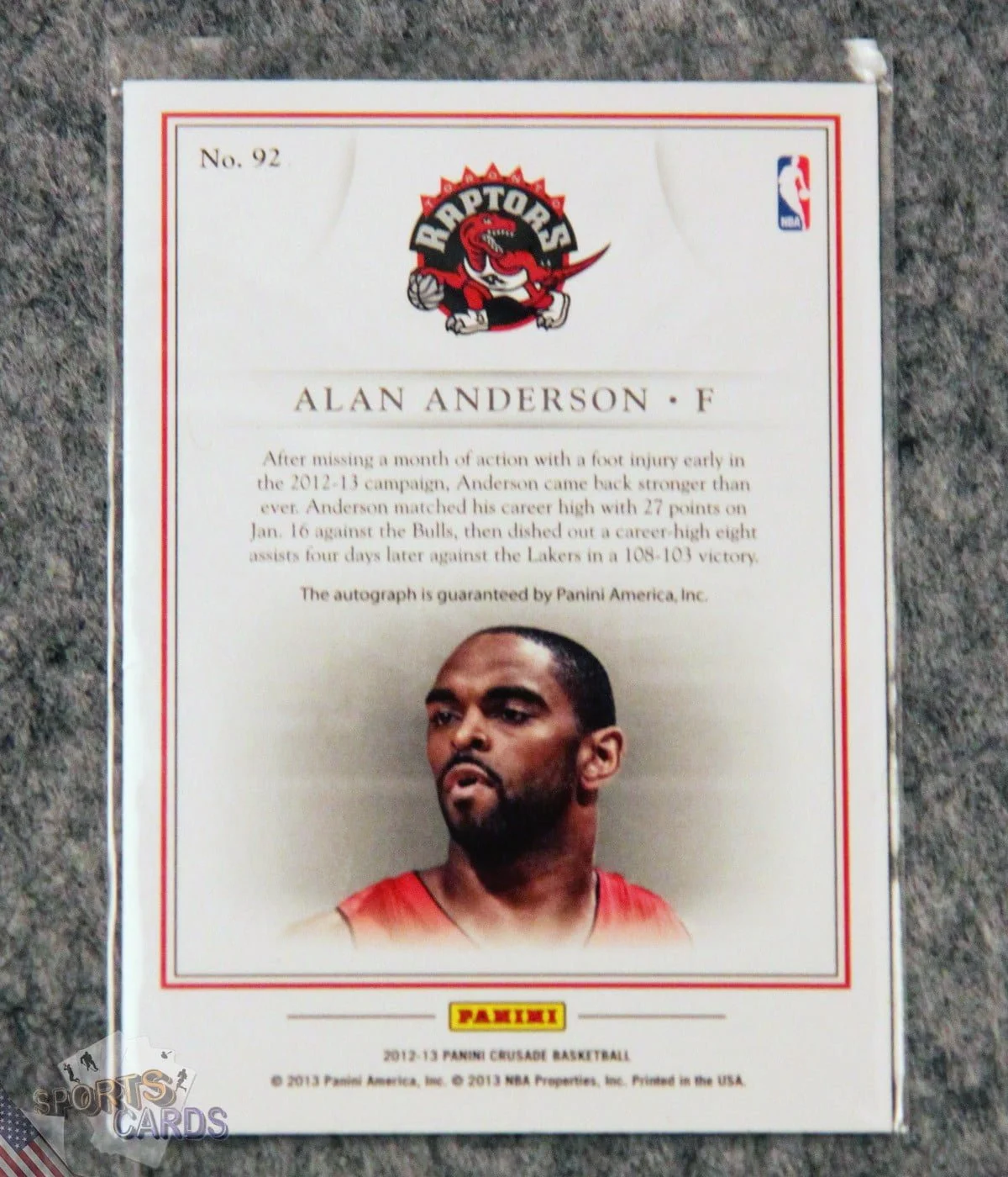2012-13 Alan Anderson #92 Panini Crusade Quest Autographs-back