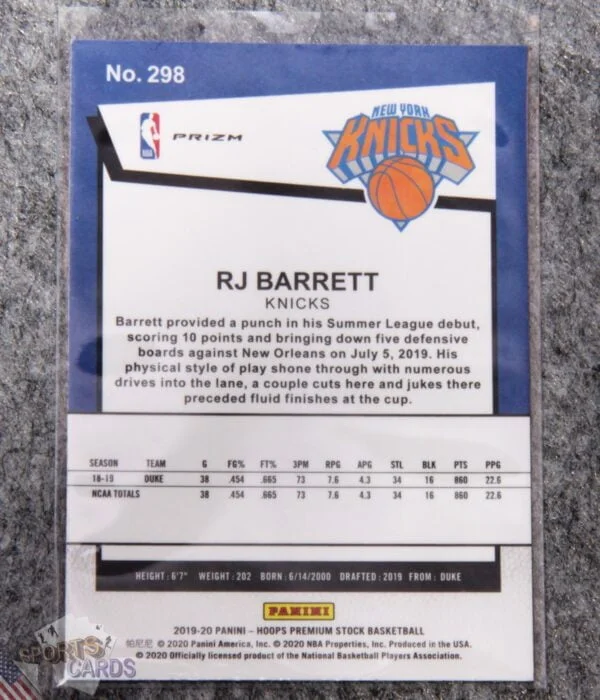 2019-20 RJ Barrett #298 Panini NBA Hoops Premium Stock RC Pulsar Prizm-back