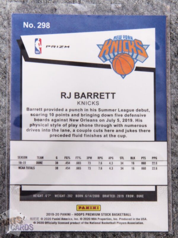 2019-20 RJ Barrett #298 Panini NBA Hoops Premium Stock RC Pulsar Prizm-back