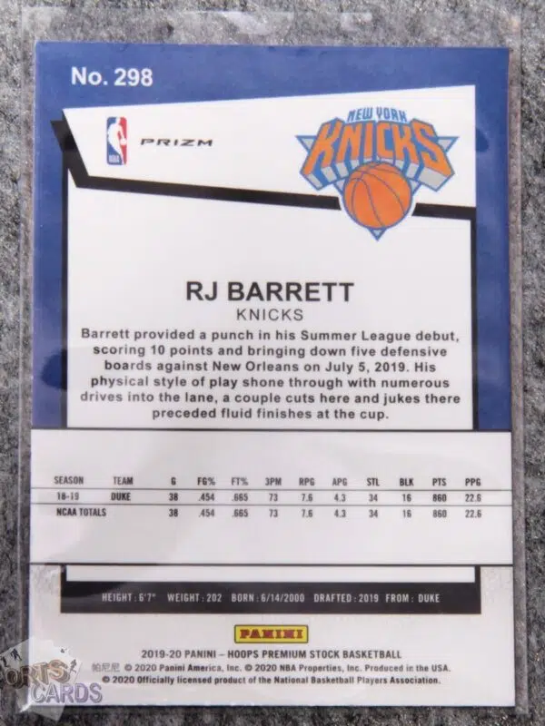 2019-20 RJ Barrett #298 Panini NBA Hoops Premium Stock RC Pulsar Prizm-back