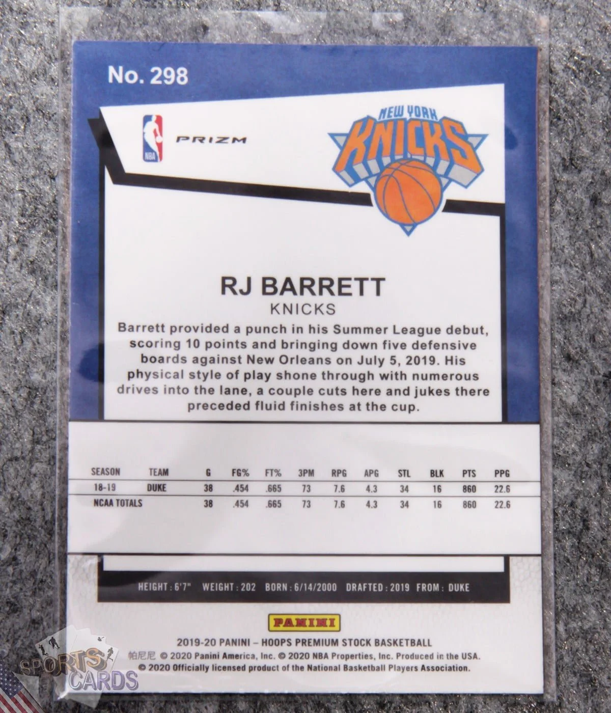 2019-20 RJ Barrett #298 Panini NBA Hoops Premium Stock RC Pulsar Prizm-back