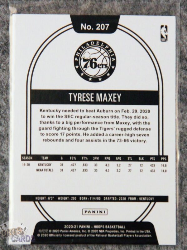 Alternative view of 2020-21 Tyrese Maxey #207 Panini NBA Hoops RC