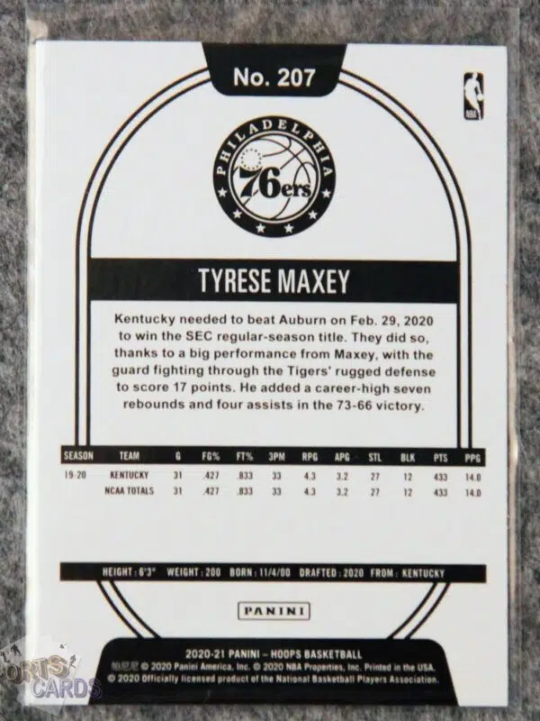 2020-21 Tyrese Maxey #207 Panini NBA Hoops RC-back