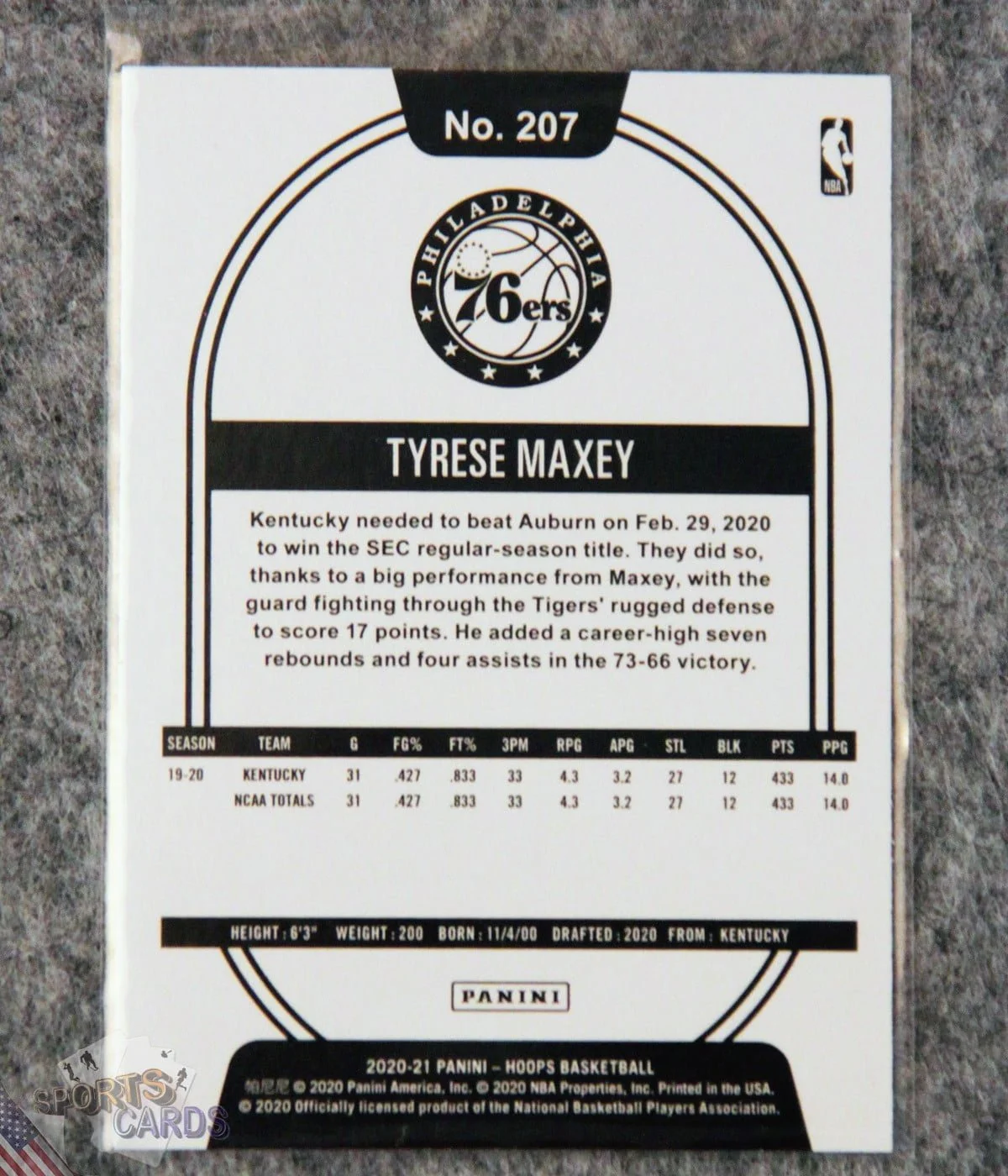 2020-21 Tyrese Maxey #207 Panini NBA Hoops RC-back