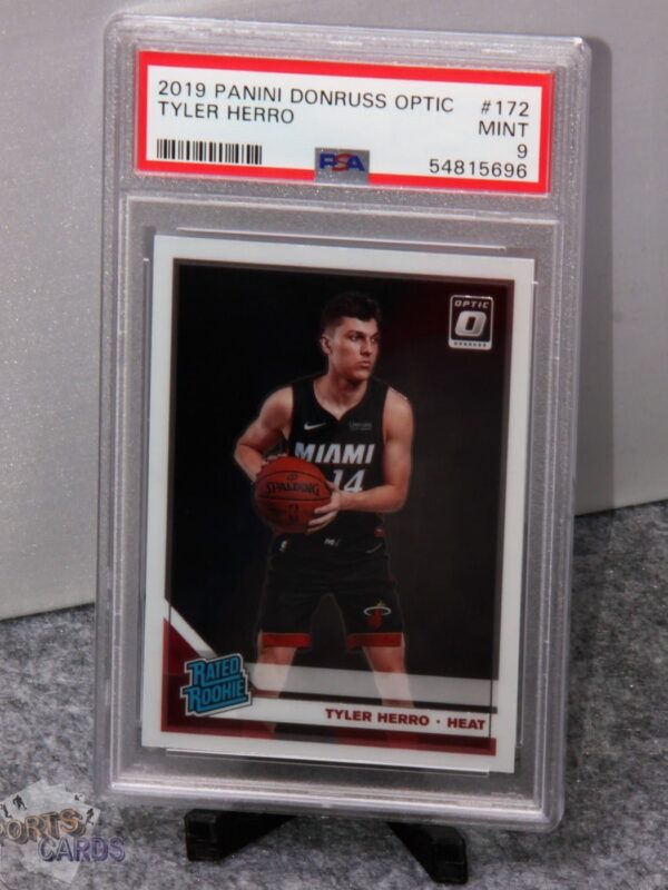 2019-20 Tyler Herro #172 Panini Donruss Optic Rated Rookie PSA 9 MINT-stand