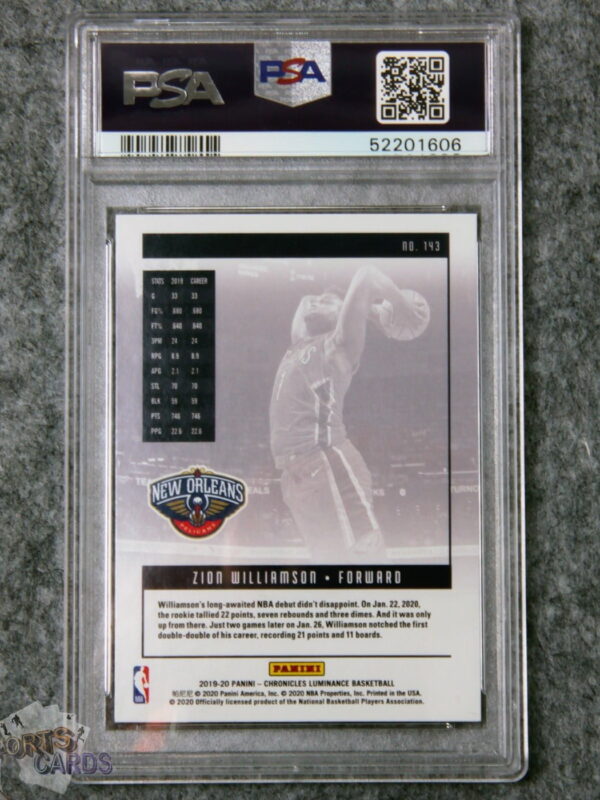 Alternative view of 2019-20 Zion Williamson #143 Panini Chronicles RC PSA 9 MINT