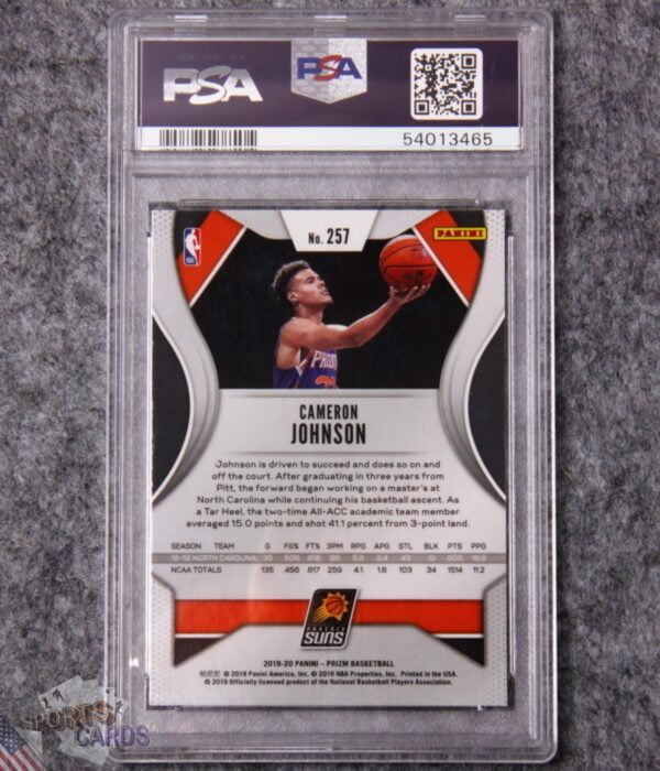 Alternative view of 2019-20 Cameron Johnson #257 Panini Prizm RC PSA 10 GEM MT