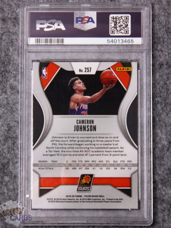 Alternative view of 2019-20 Cameron Johnson #257 Panini Prizm RC PSA 10 GEM MT