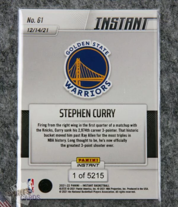 2021-22 Stephen Curry #61 Panini Instant Record Breaker 1/5215-back
