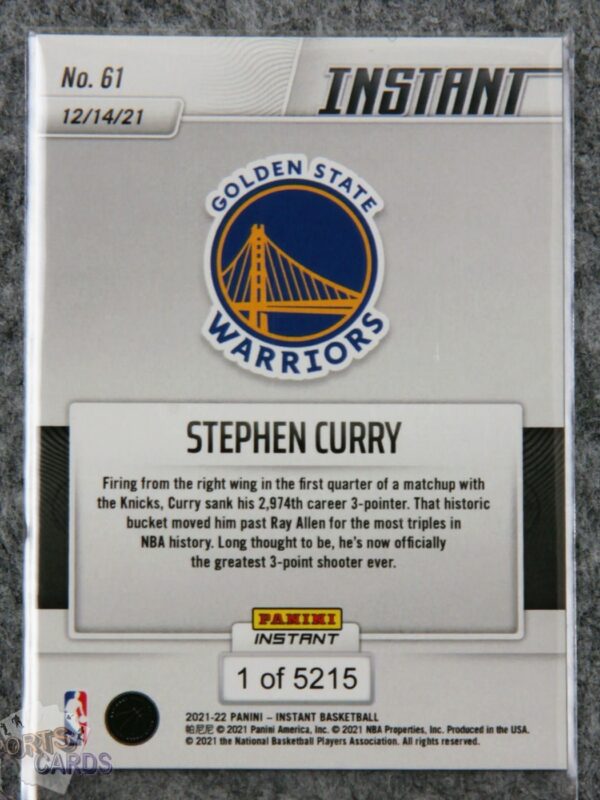 2021-22 Stephen Curry #61 Panini Instant Record Breaker 1/5215-back