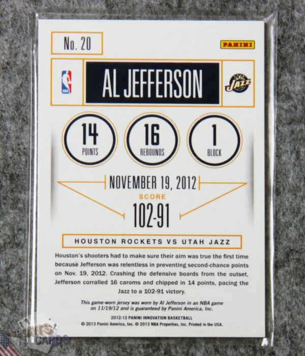 2012-13 Al Jefferson #20 Panini Innovation Stat Line Patch /199-back