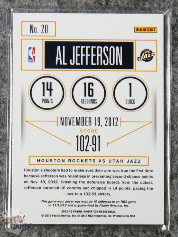 2012-13 Al Jefferson #20 Panini Innovation Stat Line Patch /199-back