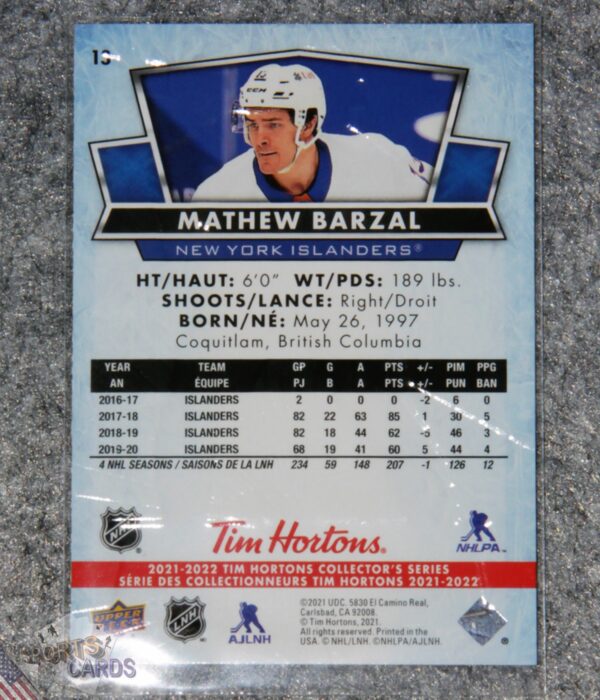 2021-22 Mathew Barzal #13 Upper Deck Tim Hortons-back