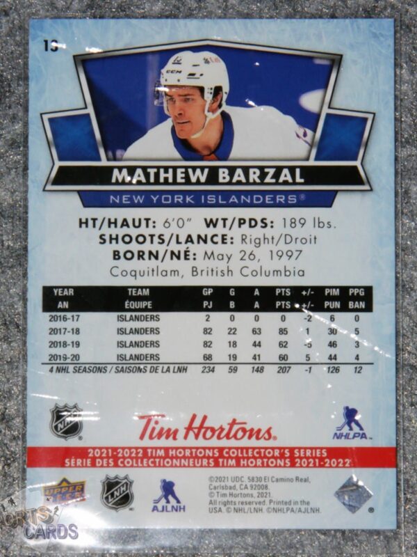 Alternative view of 2021-22 Mathew Barzal #13 Upper Deck Tim Hortons