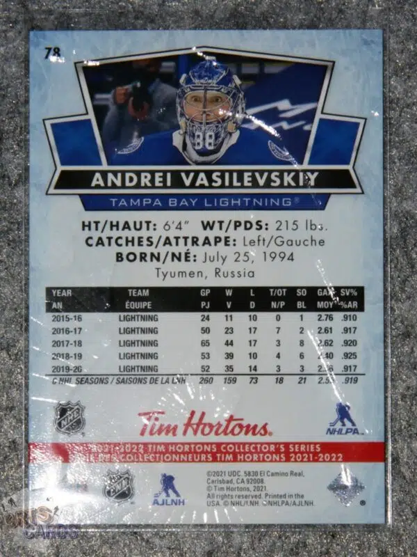 2021-22 Andrei Vasilevskiy #78 Upper Deck Tim Hortons-back