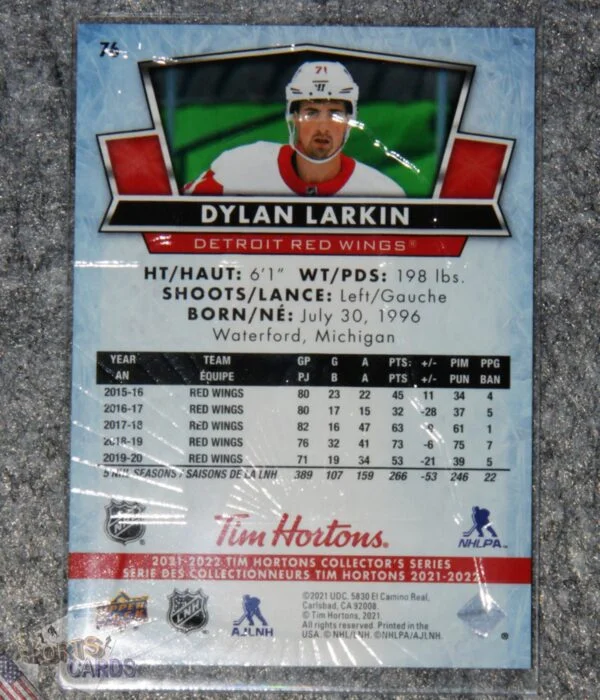 2021-22 Dylan Larkin #76 Upper Deck Tim Hortons-back