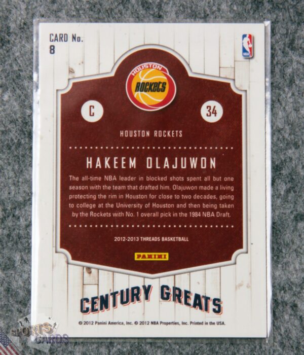 Alternative view of 2012-13 Hakeem Olajuwon #8 Panini Threads Century Greats
