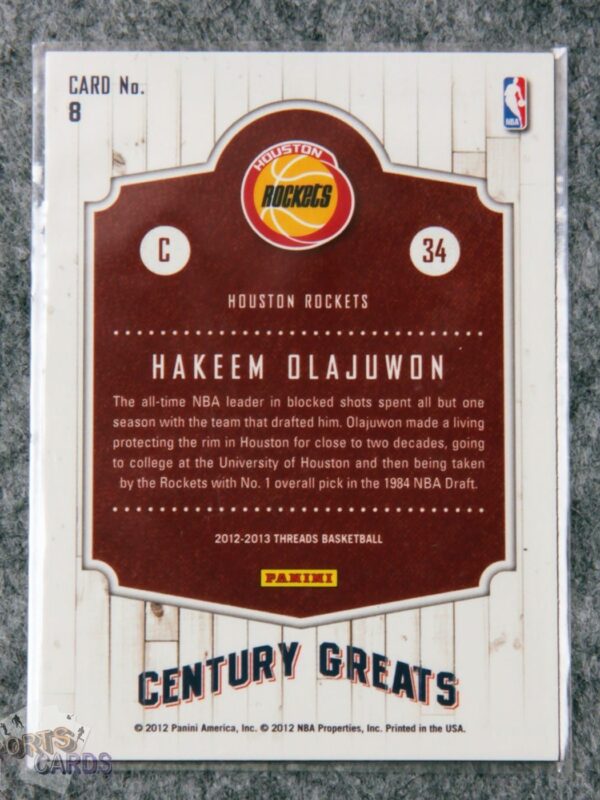 2012-13 Hakeem Olajuwon #8 Panini Threads Century Greats-back