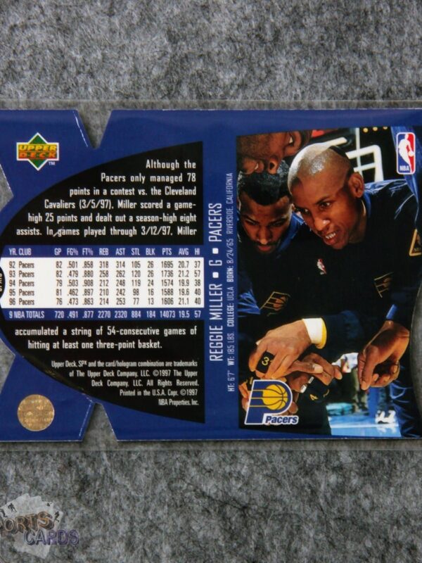 Alternative view of 1997-98 Reggie Miller #SPX19 Upper Deck SPx Die-Cut Hologram