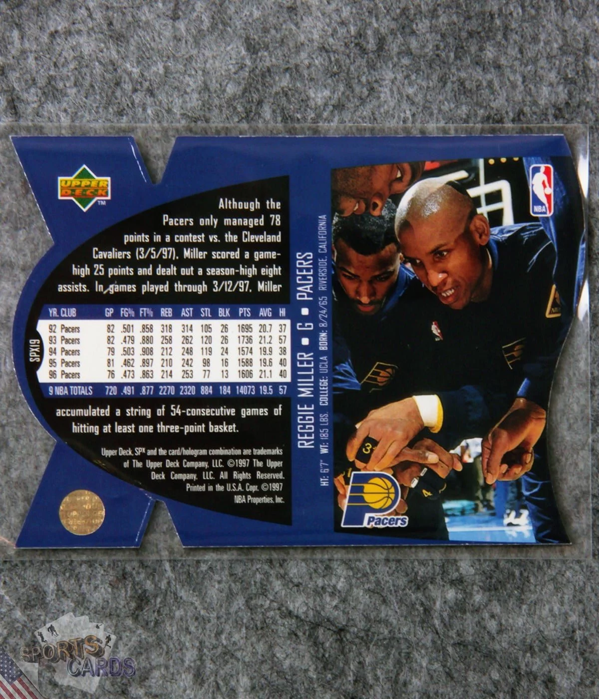 1997-98 Reggie Miller #SPX19 Upper Deck SPx Die-Cut Hologram-back