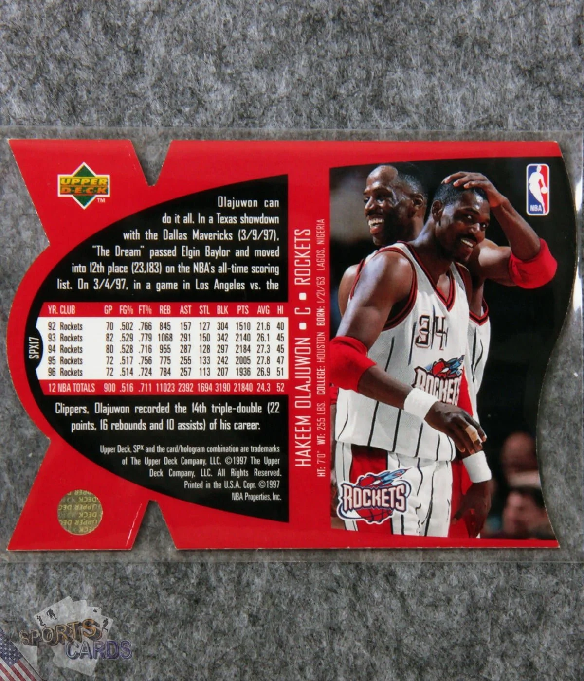 1997-98 Hakeem Olajuwon #SPX17 Upper Deck SPx Die-Cut Hologram-back