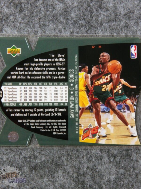 Alternative view of 1997-98 Gary Payton #SPX43 Upper Deck SPx Die-Cut Hologram Gold