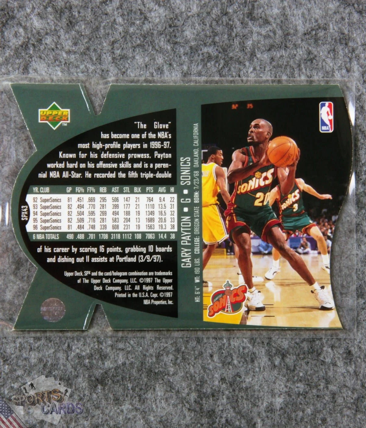1997-98 Gary Payton #SPX43 Upper Deck SPx Die-Cut Hologram Gold-back