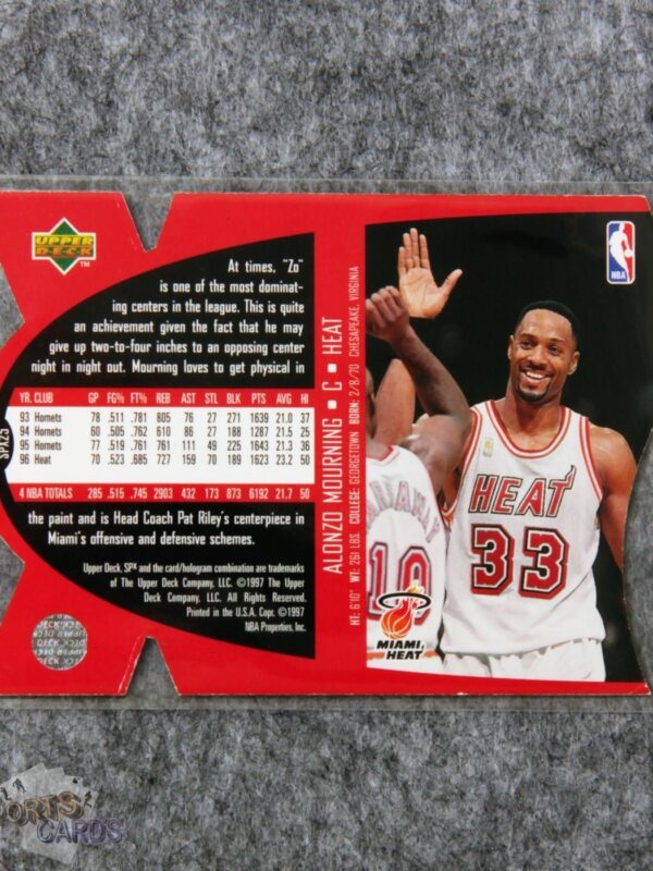 Alternative view of 1997-98 Alonzo Mourning #SPX25 Upper Deck SPx Die-Cut Hologram Gold