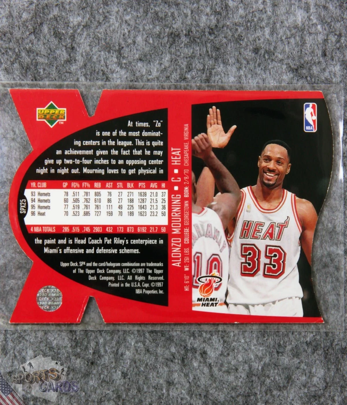 1997-98 Alonzo Mourning #SPX25 Upper Deck SPx Die-Cut Hologram Gold-back