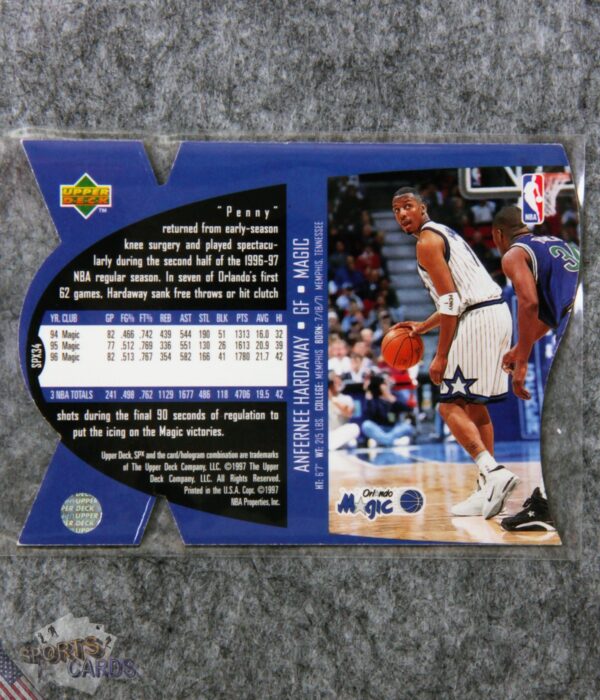 Alternative view of 1997-98 Anfernee Hardaway #SPX34 Upper Deck SPx Die-Cut Hologram Gold
