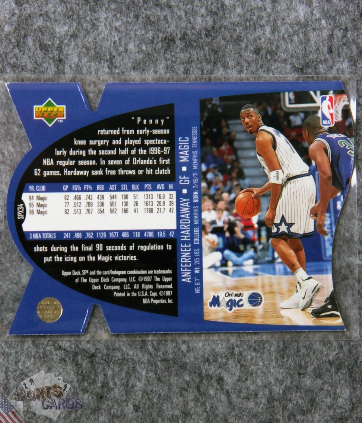 1997-98 Anfernee Hardaway #SPX34 Upper Deck SPx Die-Cut Hologram-back