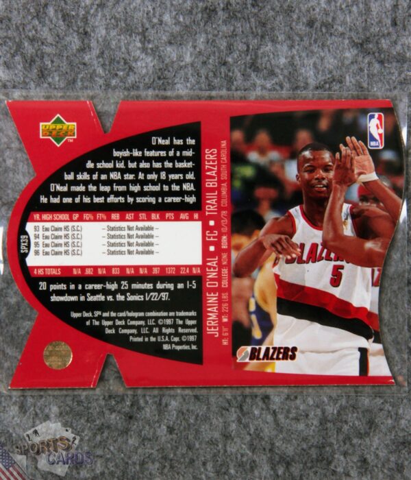 Alternative view of 1997-98 Jermaine O'Neal #SPX39 Upper Deck SPx Die-Cut Hologram