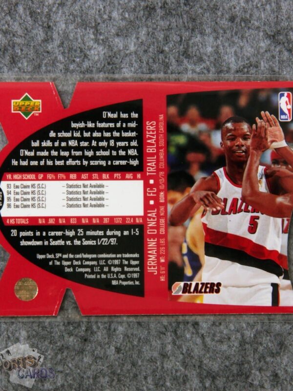 Alternative view of 1997-98 Jermaine O'Neal #SPX39 Upper Deck SPx Die-Cut Hologram
