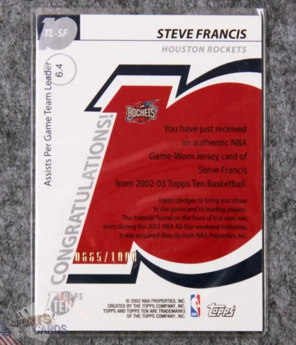 2002-03 Steve Francis #TL-SF Topps Ten Team Leader /1000-back