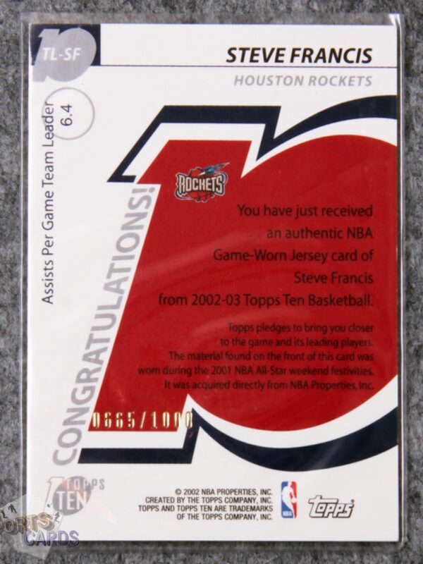 2002-03 Steve Francis #TL-SF Topps Ten Team Leader /1000-back