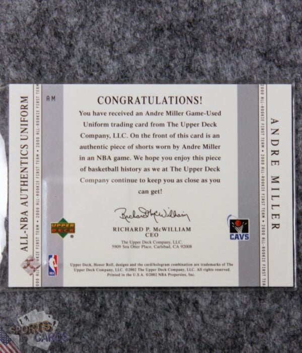 2002-03 Andre Miller #AM Upper Deck Honor Roll All-NBA Authentic Uniform-back