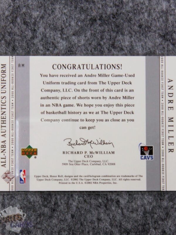 Alternative view of 2002-03 Andre Miller #AM Upper Deck Honor Roll All-NBA Authentic Uniform