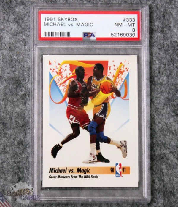 1991-92 Michael Jordan vs Magic Johnson #333 SkyBox Great Moments NBA Finals PSA 8 NM-MT-front