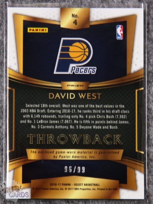 2016-17 David West #4 Panini Select Throwback Purple Prizm /99-back