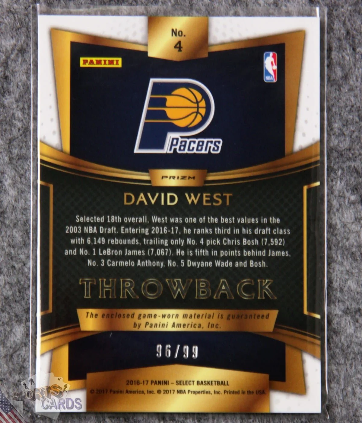 2016-17 David West #4 Panini Select Throwback Purple Prizm /99-back