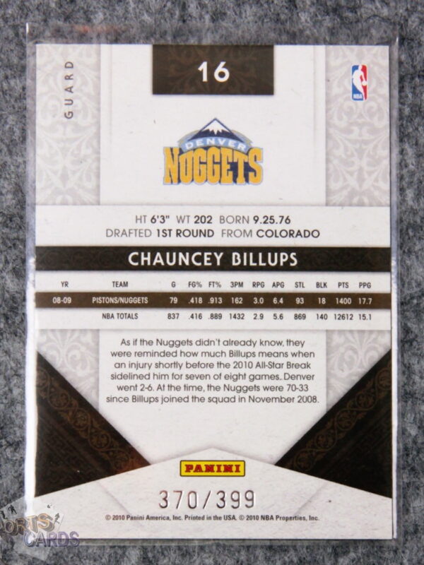 2009-10 Chauncey Billups #16 Panini Timeless Treasures /399-back