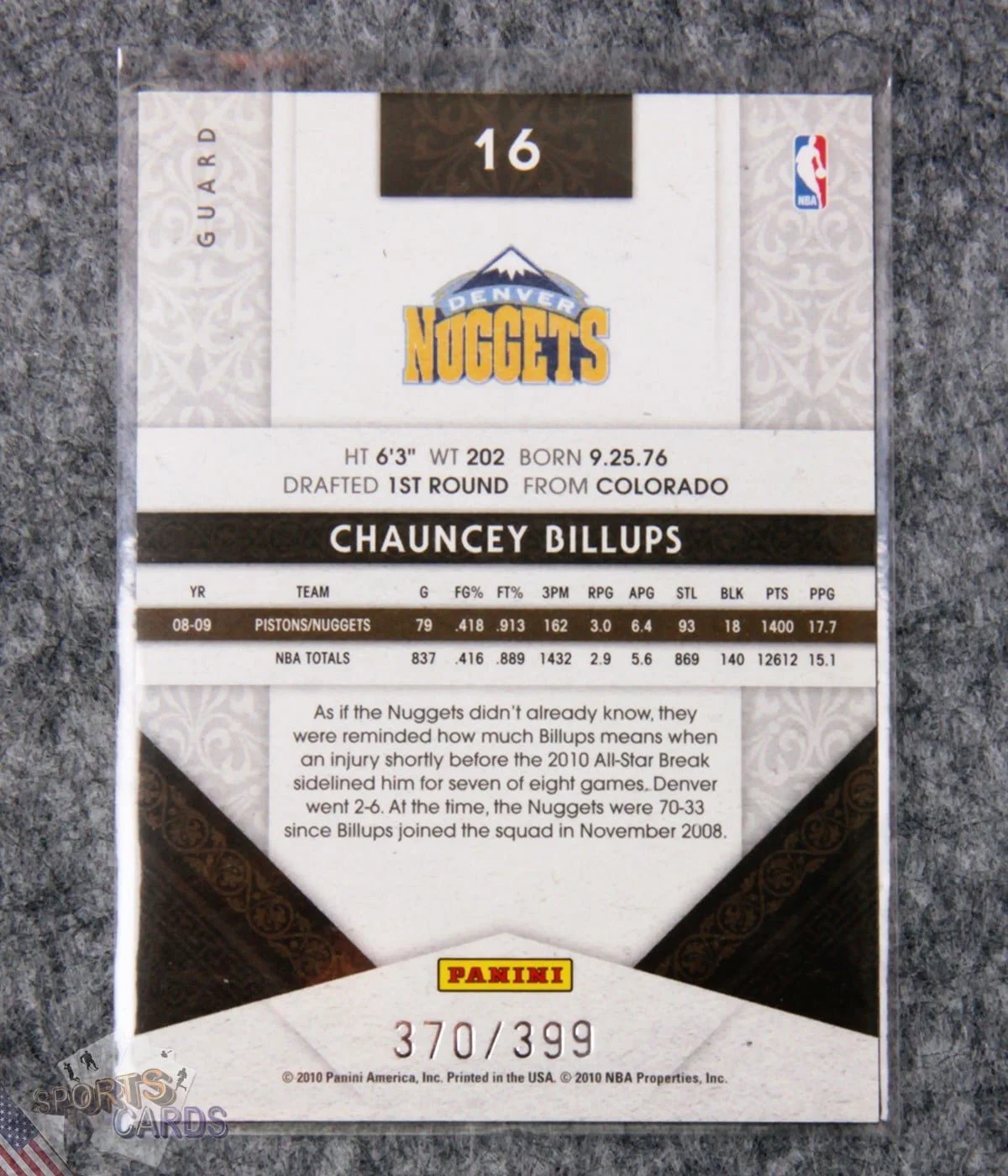 2009-10 Chauncey Billups #16 Panini Timeless Treasures /399-back