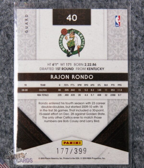 2009-10 Rajon Rondo #40 Panini Timeless Treasures /399-back
