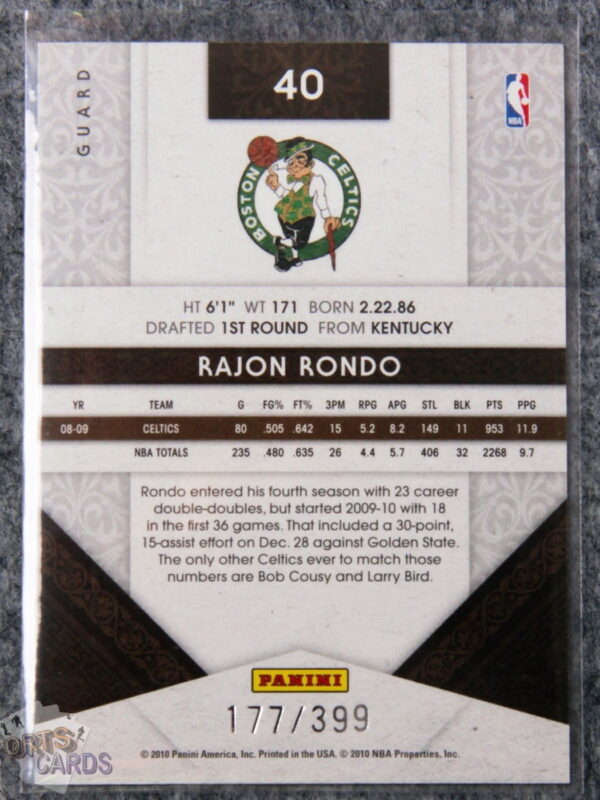2009-10 Rajon Rondo #40 Panini Timeless Treasures /399-back