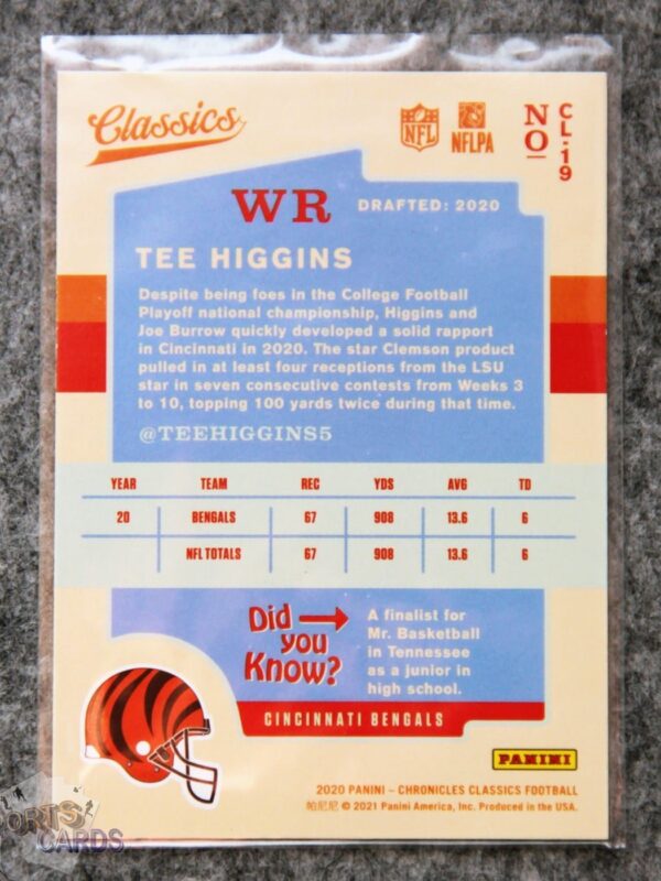 Alternative view of 2020 Tee Higgins #CL-19 Panini Chronicles Classics RC