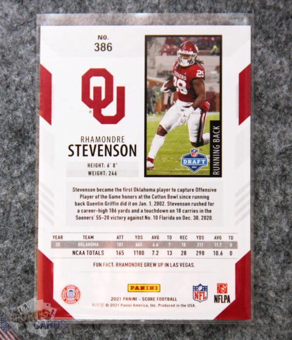 2021 Rhamondre Stevenson #386 Panini Score Red RC-back