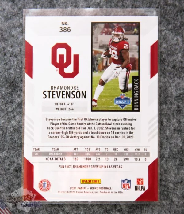 2021 Rhamondre Stevenson #386 Panini Score Red RC-back