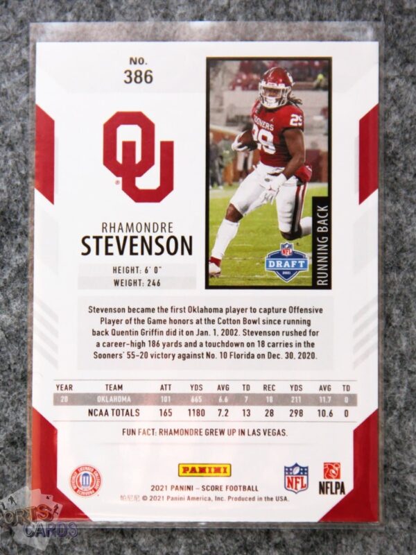 Alternative view of 2021 Rhamondre Stevenson #386 Panini Score Red RC